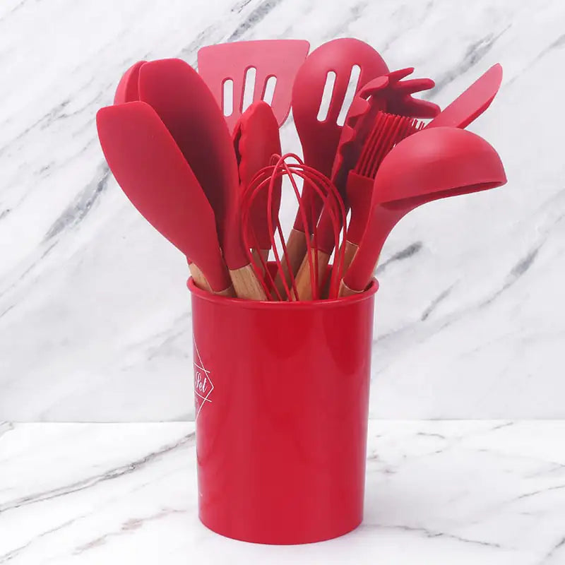 11-Piece Silicone Kitchenware Set with Wooden Handles