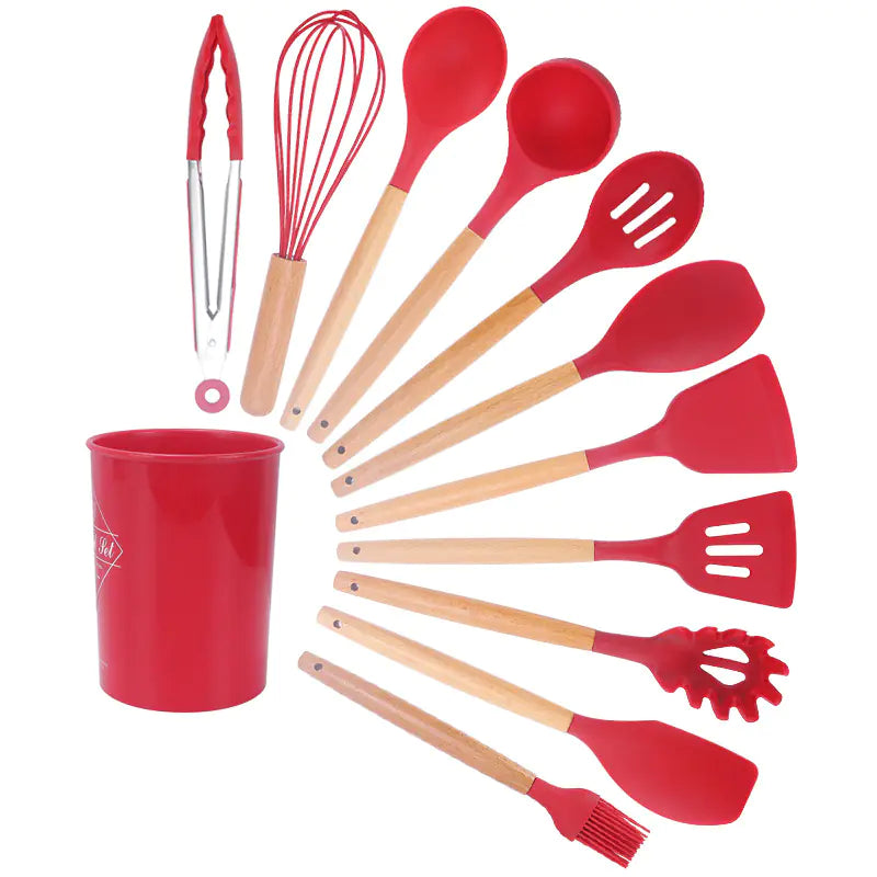 11-Piece Silicone Kitchenware Set with Wooden Handles