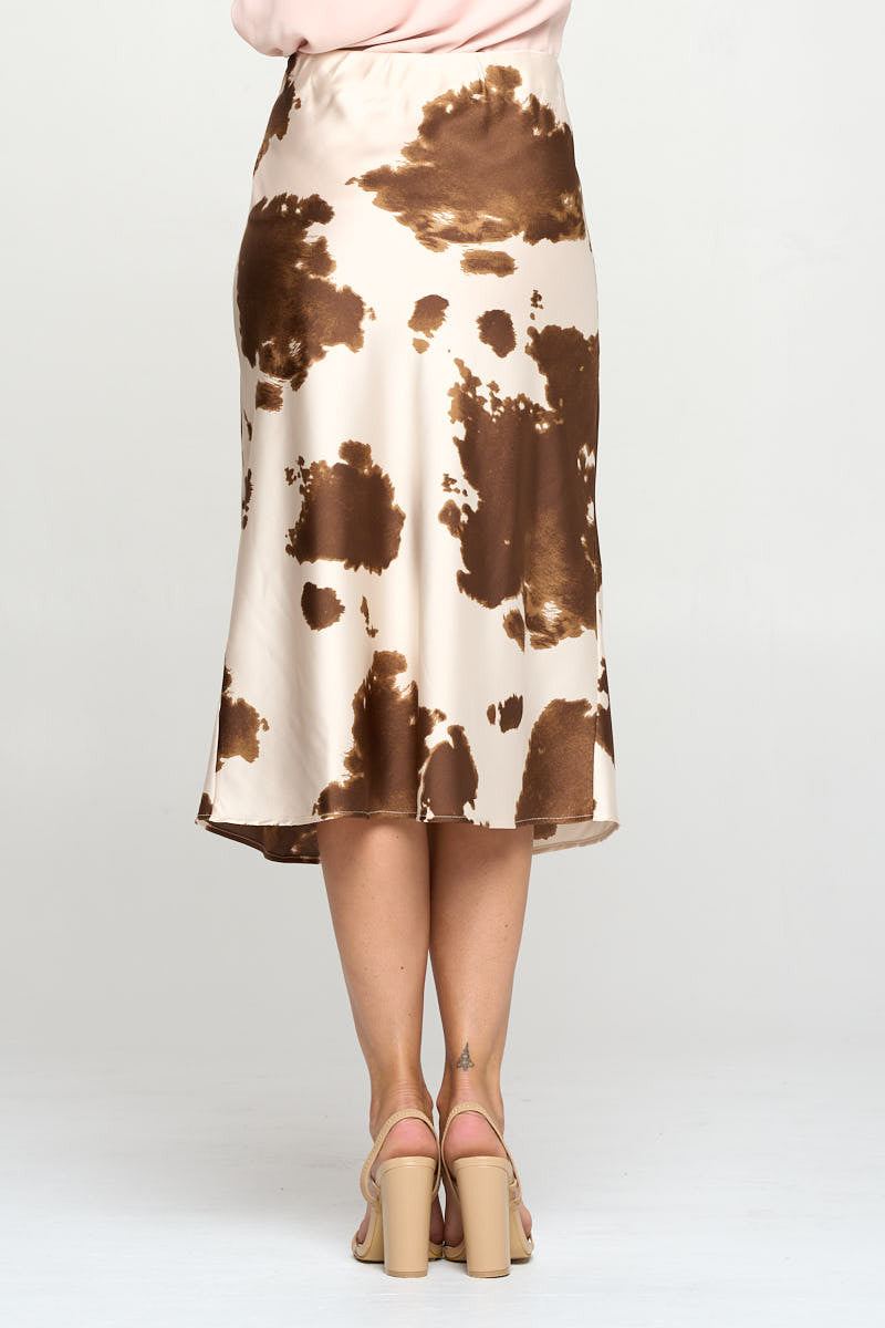 Cow Print Satin Midi Skirt