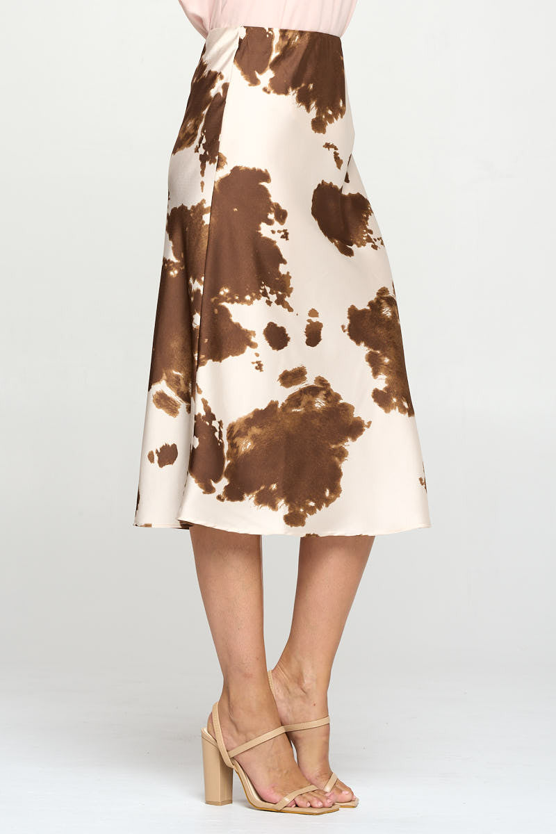 Cow Print Satin Midi Skirt