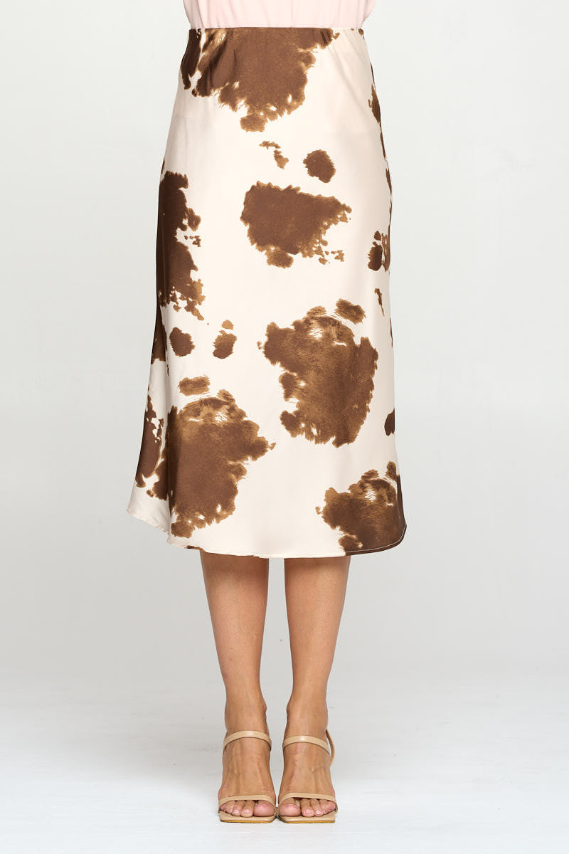 Cow Print Satin Midi Skirt